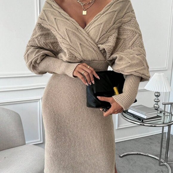 Khaki Elegant Women's Batwing Sleeve Sweater Dress - Picture 4 of 6